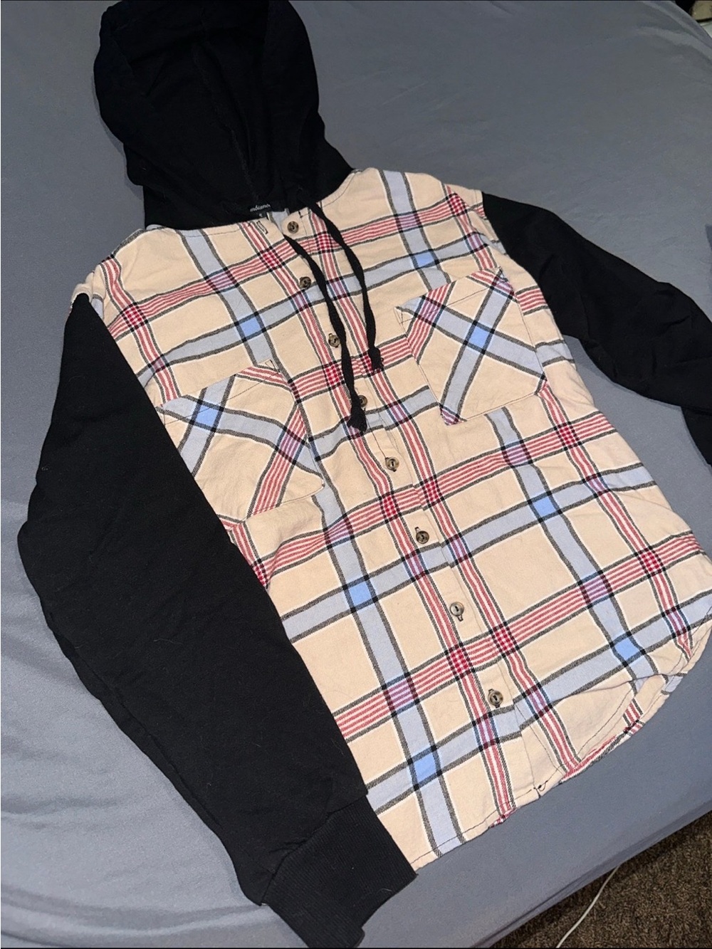 Tan & Black Plaid Colorblock Long Sleeve Hooded / Hoodie Size Small